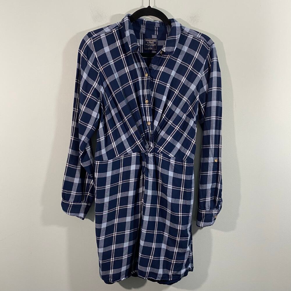 Abercrombie & Fitch Women Blue Plaid Rolled Tab Flannel Shirt Dress Size L